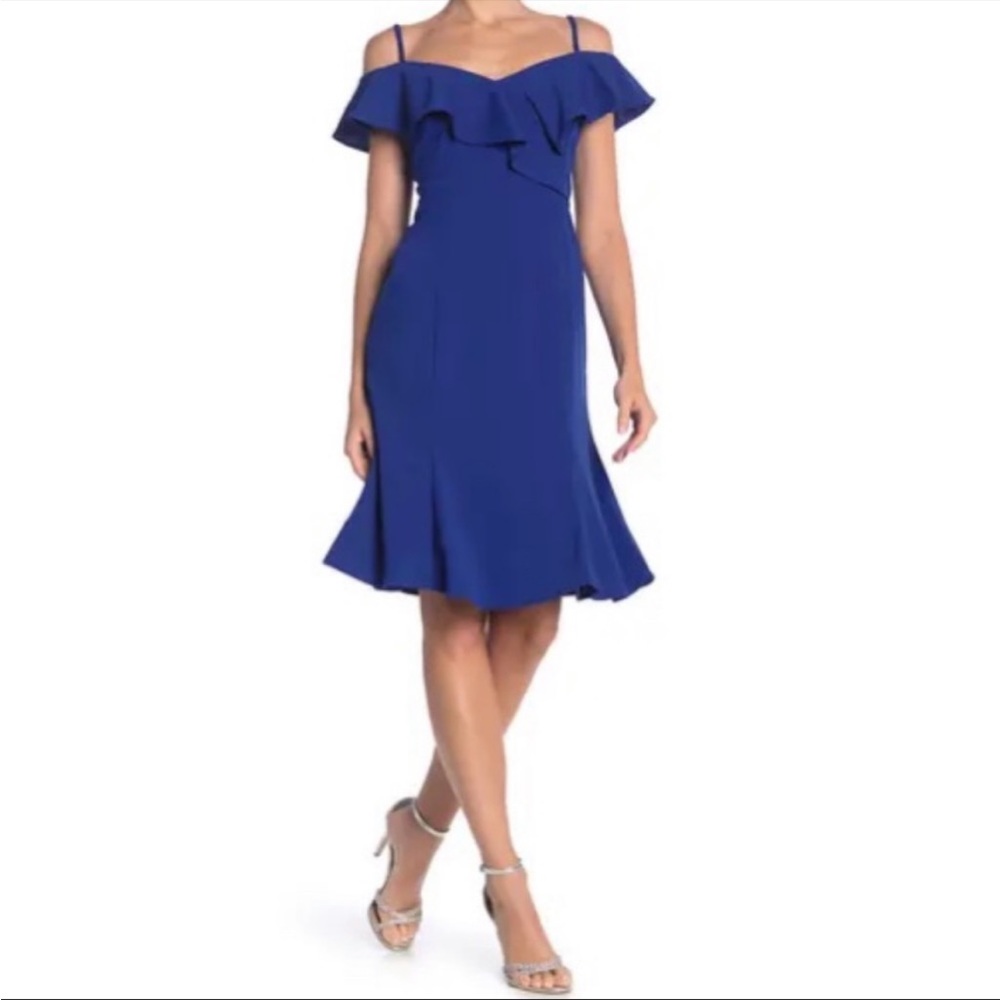 Marina Royal Blue Cold Shoulder Ruffle Midi Cocktail Dress